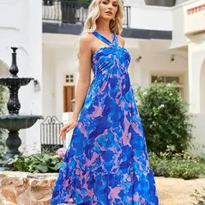 GRACE KARIN 2025 Women's Criss Cross Halterneck Sleeveless Summer Floral Print Flowy A Line Maxi Dress